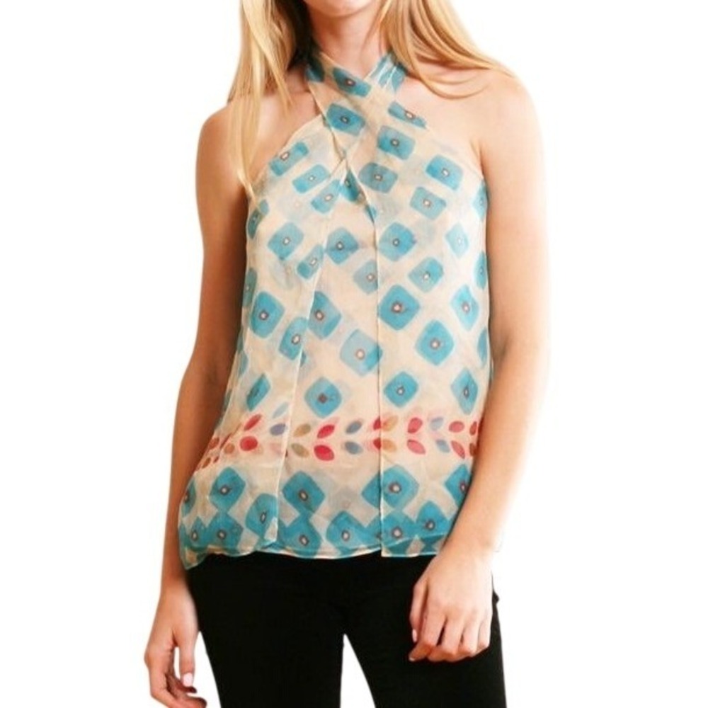 Diane von Furstenberg Silk Halter Top Womens 8 Blue Geometric Boho Chic Luxury